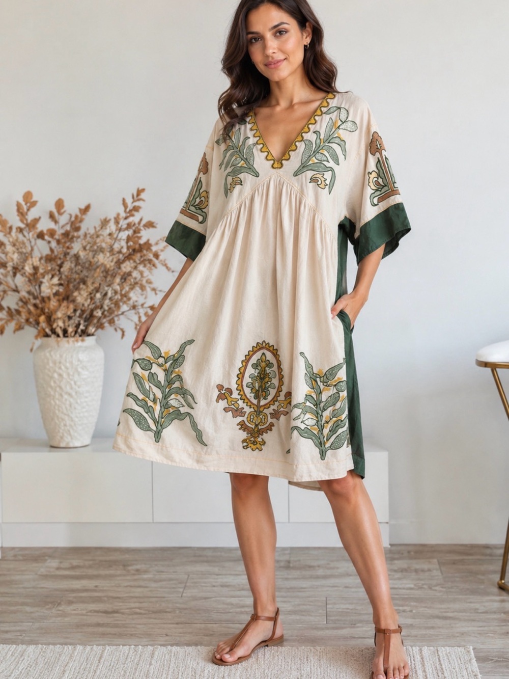 Boho Cream Mini Dress with Green Embroidery